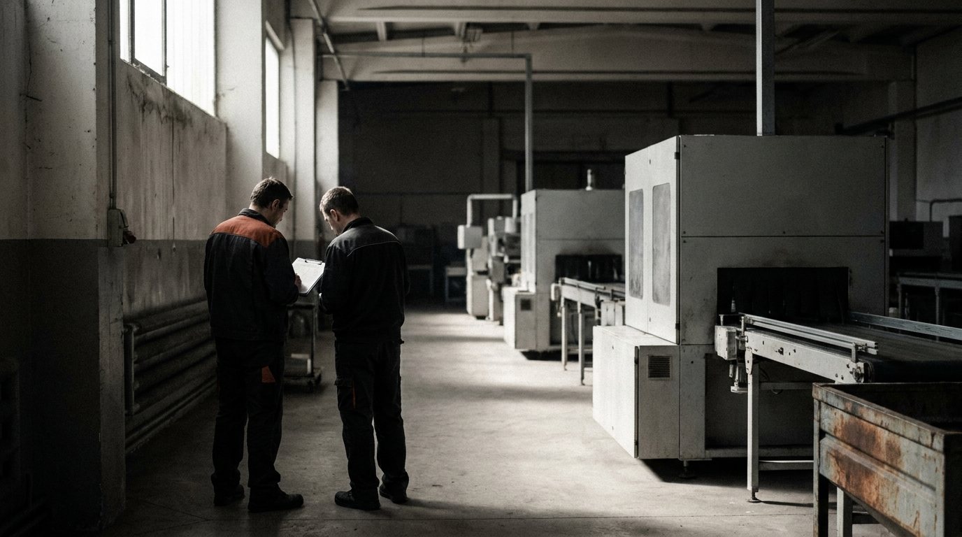 Dos operaris amb roba de treball repassant un document drets al mig d’un taller de màquines